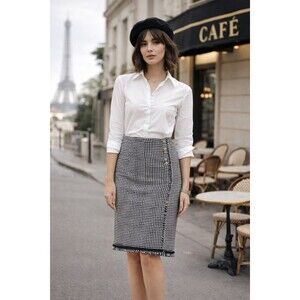 Talbots Houndstooth Faux Wrap Pencil Skirt Size 6P Gold Button Fringe Trim